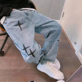 Riolio  Men's Trendy Cool Style Blue Denim Pants Baggy Wide Leg Streetwear Trousers Cross Star Sticker Embroidery Design Jeans Male