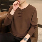 Riolio  Men's Spring and Autumn New Patchwork O-Neck Buckle Fashionable Solid Color Versatile Casual Long Sleeved Top