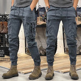 Riolio  Fashionable men's slim fit work pants, casual loose zipper, multi pocket jogging pants, elastic leg binding pants