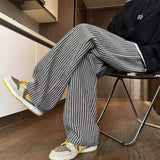 Riolio chill guy American Retro Black Vertical Striped Casual Pants for Men and Women Trend Lazy Loose Drawstring Straight Leg Wide Leg Pants Y2k