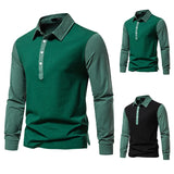 Riolio  Men's Color Block Long Sleeve Polo Shirt Contrast Collar Button Placket Casual Golf Top