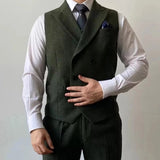 Green Men's Vest Double Breasted Herringbone Winter Wool Tweed Waistcoat Slim Fit Casual Suit Vest Gentleman Wedding Clothes