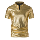 Riolio Men Gold Shiny Henry Neck T Shirt Fashion Short Sleeve Coated Metallic Nightclub Disco Party T-shirt Hip Hop Homme Costume