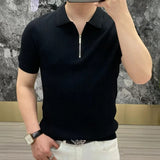 Riolio  Summer Thin Ice Silk Cool Men's Polo Shirt Solid Lapel Zipper Patchwork Smart Casual Elastic Breathable Short Sleeved Top