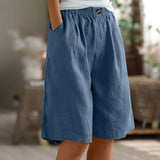 Riolio  Women's Fashion Solid Color Pants Pocket Button Up Capris Loose Elastic Waist Cotton Linen Shorts Pants for Women Women’s Pants