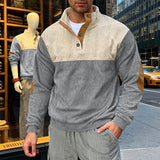 Riolio  Men's Corduroy Color Block Henley Shirt Casual Button-Up Stand Collar Pullover with Elbow Patches