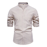 Riolio Solid Color Striped Men's Shirts Single Pocket Stand Collar Long-sleeved Shirts for Men New Spring Social Shirts Men