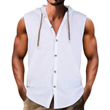 Riolio  Summer Men Casual 100% Cotton Shirts Turn-down Collar Male Solid Color Sleeveless Loose Drawstring Hoodie Shirts For Men's Tops