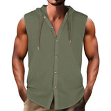 Riolio  Summer Men Casual 100% Cotton Shirts Turn-down Collar Male Solid Color Sleeveless Loose Drawstring Hoodie Shirts For Men's Tops