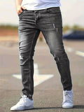 Riolio  Men's American Retro Hole-Punched Stretch Slim Fit Jeans Zipper Casual Streetwear Denim Pants Classic Black Blue Skinny Trousers
