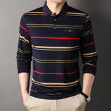 Riolio  Men's Spring Autumn New Striped Long Sleeve Pockets Button Tees Turn-down Collar Pullover Polo Shirt Business Casual Loose Tops