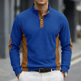 Riolio  Men's Ribbed Knit Long Sleeve Henley Shirt Stand Collar Contrast Color Splice Casual Top with Multiple Color Options