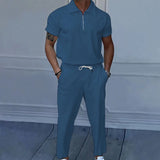 Riolio  Summer new European and American men's solid color suit lapel short sleeve zipper trouser suit