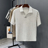Riolio  Trendy Striped Men V Neck Polo Shirt Summer Fashion Short Sleeve Casual Tops High-End New Design Comfortable Wear