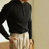 Riolio  New American Retro Men Polo Shirt Light Luxury Solid Color Slim-fit Commuting Long Sleeve T-shirt Leisure Business Pullover Tops