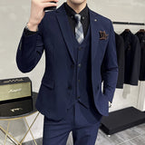 Riolio  ( Blazer + Vest + Pants ) Boutique Fashion Solid Color Men's Slim Casual Business Suit Three-piece Set Groom Wedding Dress Party
