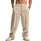 Riolio  Men's High Waist Linen Wide Leg Pants with Button Detail Elastic Drawstring Casual Trousers for Men
