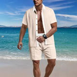 Riolio  Summer Fashion Men Sets Waffle Splicing Color Outfits Short Sleeve Shirt And Shorts Trend Two Pieces Sets Men Casual Loose Suit
