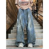 Riolio  American style dirty and torn hole design straight leg wide leg jeans for men and women high street loose street casual pants