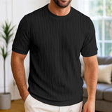 Riolio  European American Men's Short-sleeved T-shirt Jacquard Sweater Round Neck Ribbed Pullover Top