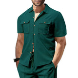 Riolio  Summer European and American cross-border men's waffle short-sleeved casual solid color lapel button-up pocket versatile shirt