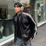 Riolio Retro Leather Jacket Men Women  American Patchwork Strip Racing Outerwear Loose Hip Hop Zippers Brown PU Coat Streetwear Spring