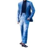 Riolio  Men's Suit 2 Pieces Blazer Pants One Button Peaked Lapel Business Formal Linen Denim Slim Wedding Groom Tailored