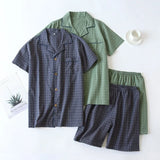 Riolio Men's Shorts Pajamas Suit for Summer Thin Short-sleeved Shorts Cotton Simple Plaid Design Pantalon Pijama Hombre Mens Sleepwear