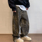 Riolio  Men Loose Wide Leg Leopard Graphic Jeans Male Classic American Vintage Denim Pants Youth Popular Daily Streetwear Denim Trousers
