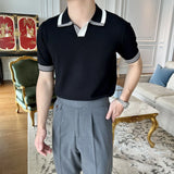 Riolio  High End Fashion Casual England Style Polo Shirt Summer New Versatile Short Sleeve Men Panelled Striped Lapel Breathable Tops