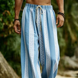 Riolio  Vacation Men Striped Beach Pants Bohemian Geometric Pattern Drawstring Loose Wide Leg Trousers Summer Casual Resort Wear