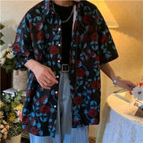 Riolio  Mid-length Large Size Loose Couple Retro Rose Full-print Floral Shirt Short Sleeve Style