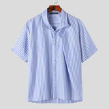 Riolio 2024 Men Striped Shirt Stand Collar Short Sleeve Summer Streetwear Men Clothing Pleated Fashion Casual Male Shirts S-5XL