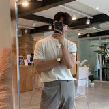 Riolio New Fashion Korean Style Men T-shirt Light Luxury Knitted Henry Collar Tops Casual Solid Color Short Sleeve Breathable Knitwear