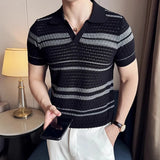 Riolio  New Fashion Hollow Out Polo Shirt Luxury Men's Clothing Korean Style Leisure V Neck Short Sleeve Patchwork Breathable Knitwear