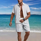 Riolio  Summer Fashion Men Sets Waffle Splicing Color Outfits Short Sleeve Shirt And Shorts Trend Two Pieces Sets Men Casual Loose Suit