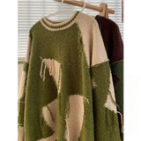 Riolio  New American Autumn/Winter Men and Women Trendy Personalized Splicing Round Neck Sweater Couple Loose Retro Knitted Top y2k