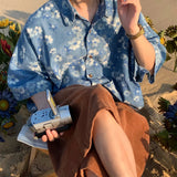 Riolio Floral Denim Shirts Men Summer Holiday Handsome Baggy Tops Vintage Streetwear Fashion All-match Pockets Beach Style New Рубашка