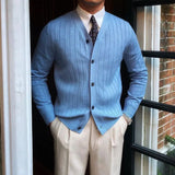Riolio  Autumn Winter Men's Business Casual V Neck Cardigan Solid Color Knit Sweatercoat Male Slim Fit Long Sleeve Knitted Sweater Tops