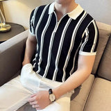 Riolio  Korean Fashion Men Polo Shirts Summer Trend Smart Casual Lapel Striped Contrast Color Half Zipper Short Sleeve Slim Knitted Tops