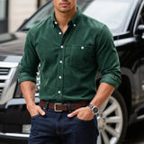 Riolio  Men's Green Corduroy Button Down Shirt Long Sleeve Slim Fit Casual Shirt with Pocket for Fall Winter