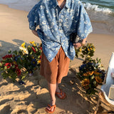 Riolio Floral Denim Shirts Men Summer Holiday Handsome Baggy Tops Vintage Streetwear Fashion All-match Pockets Beach Style New Рубашка
