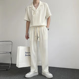 Riolio Japanese street fashion men Summer Pleated Sets Men Fashion Casual Short Sleeved T shirt/Trousers Two-piece Mens Korean Loose Ice Silk Sets Men 3-color