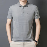 Riolio  Summer Lightweight Middle-aged Men's Ice Silk Striped Casual Polo Shirt