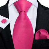 Riolio New Hot Pink Solid Silk Ties for Men Pocket Square Cufflinks Gift Wedding Party Accessories 8cm Necktie Set Wholesale