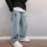 Riolio  Men's Trendy Cool Style Blue Denim Pants Baggy Wide Leg Streetwear Trousers Cross Star Sticker Embroidery Design Jeans Male
