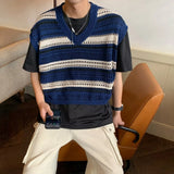 Riolio Striped Sweater Vest Men Summer Vintage Harajuku Hollow Out Design Fashion Korean Style All-match Cropped Knitwear Clothing New