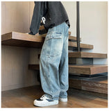 Riolio  Straight Leg Jeans Elastic Waist 2025 New Patchwork Design Utility Cargo Pants Men Big Side Pockets Autumn Workwear Trousers