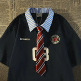 Riolio  American Sle  Tie Fake Two-Piece ort Sve T-irt Women Summer New Loose College Sle f Sve Top Cotton Printed