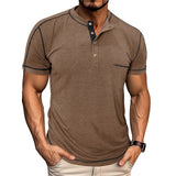 Riolio  Men's Grey Henley Neck Short Sleeve T-Shirt with Contrast Stitching Chest Pocket Casual Muscle Fit Top